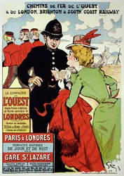 Reproduktion af en plakat, der reklamerer for tog fra Paris til London, 1899